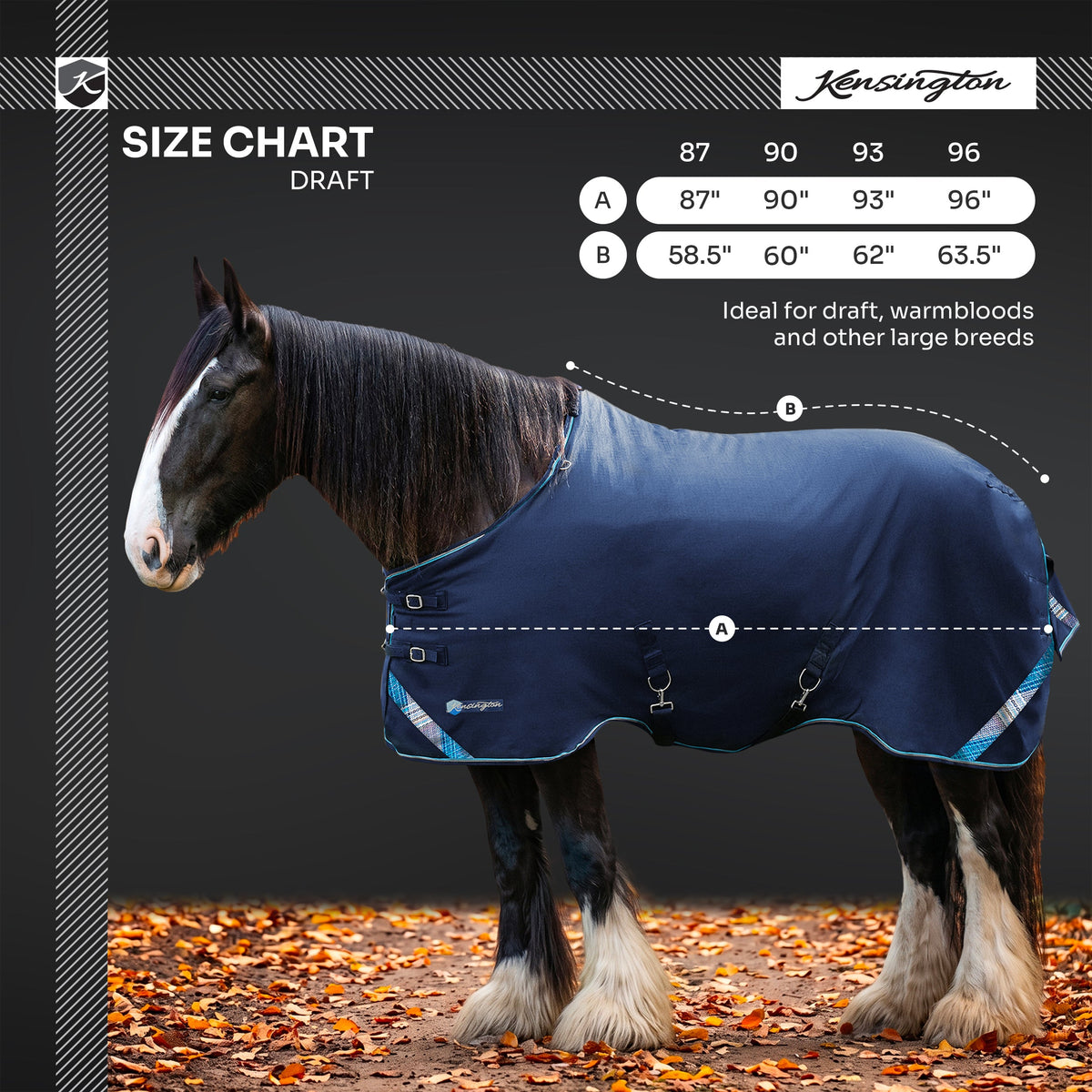 Kensington lightweight 80g draft horse winter turnout blanket size chart