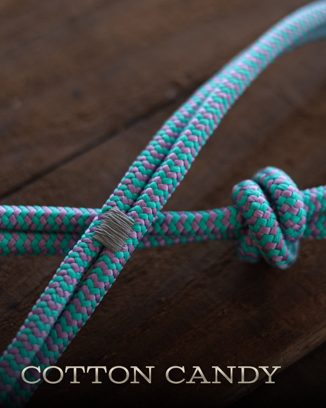 Cotton Candy teal and lavender rope halter by HayChix, close-up of the knot