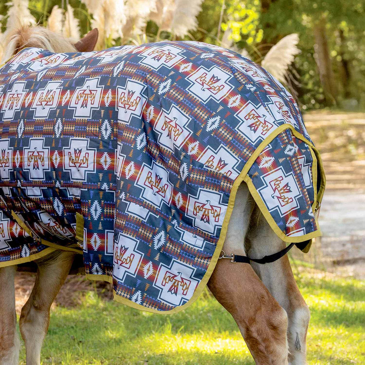 Draft horse turnout blanket in Thunderbird, side view